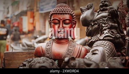 Souvenirs Statuen von Buddha auf dem Flohmarkt in Delhi, Indien. Buddha und andere indische Götterstatuen Stockfoto