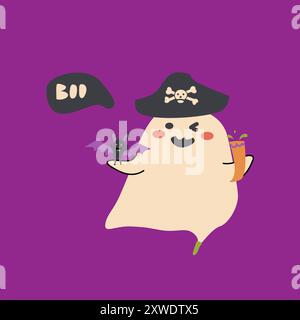 Niedlicher Geisterpirat der halloween. Kinderfigur mit lustigem Gesicht und Sprechblase Buh oder gruseliger Nacht. Stock Vektor