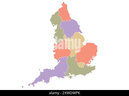 Karte von England nach Region in verschiedenen Farben. Vektorabbildung. Stock Vektor