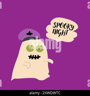 Niedlicher halloween-Geister-Zombie. Kinderfigur mit lustigem Gesicht und Sprechblase Buh oder gruseliger Nacht. Stock Vektor