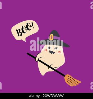 Niedliche Geisterhexe der halloweens. Kinderfigur mit lustigem Gesicht und Sprechblase Buh oder gruseliger Nacht. Stock Vektor