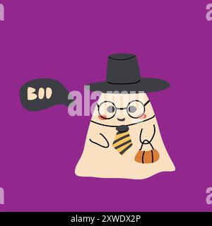 Niedlicher Geisterzauberer der halloween. Kinderfigur mit lustigem Gesicht und Sprechblase Buh oder gruseliger Nacht. Stock Vektor