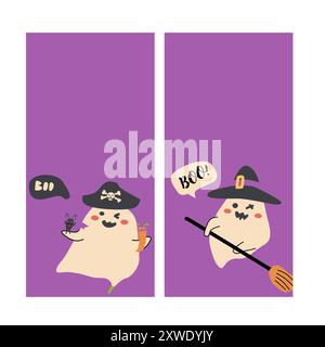 Halloween-Geschichten-Set. Geisterbilder für Kinder im flachen Stil. Happy Halloween vertikale Karte oder Banner für soziale Medien. Süße gruselige Charaktere ich Stock Vektor