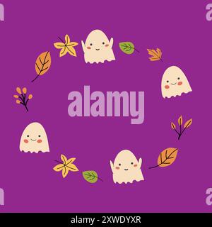 Niedlicher Rahmen oder Rahmen für Halloween mit lustigen Charakteren, Geistern und kindlichem Herbstdesign. Stock Vektor
