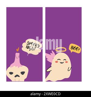Halloween-Geschichten-Set. Geisterbilder für Kinder im flachen Stil. Happy Halloween vertikale Karte oder Banner für soziale Medien. Süße gruselige Charaktere ich Stock Vektor