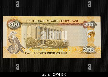 Das Gebäude der Zentralbank der VAE in Abu Dhab, Porträt der Vereinigten Arabischen Emirate 200-Dirham-Banknote. Stockfoto