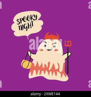 Niedlicher halloween Geisterteufel. Kinderfigur mit lustigem Gesicht und Sprechblase Buh oder gruseliger Nacht. Stock Vektor