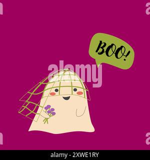 Niedliche halloween Geisterbraut. Kinderfigur mit lustigem Gesicht und Sprechblase Buh oder gruseliger Nacht. Stock Vektor