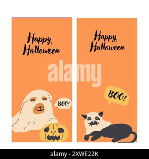 Halloween-Geschichten-Set. Geisterbilder für Kinder im flachen Stil. Happy Halloween vertikale Karte oder Banner für soziale Medien. Süße gruselige Charaktere ich Stock Vektor