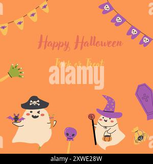 Niedliches Halloween-Geister-Party-Einladungskartendesign. Lustige gruselige Charaktere in Kostümen. Kindliche Grußkarte für Halloween-Feiertage mit Süßigkeiten A Stock Vektor