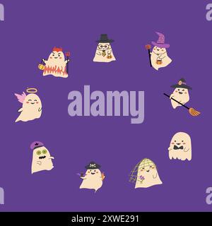 Halloween niedlicher Rahmen oder Rahmen mit lustigen Charakteren, Geister in halloween Kostümen kindliches Design. Stock Vektor