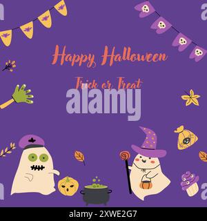 Niedliches Halloween-Geister-Party-Einladungskartendesign. Lustige gruselige Charaktere in Kostümen. Kindliche Grußkarte für Halloween-Feiertage mit Süßigkeiten A Stock Vektor