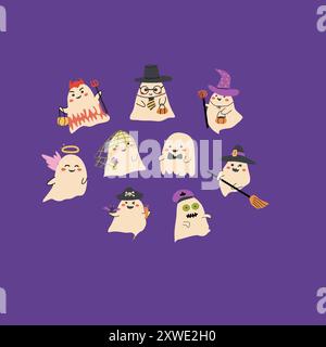 Niedliche halloween Geister Set oder runder Hintergrund. Sammlung niedlicher gruseliger Charaktere. Aufkleberset für Halloween-Tag. Kindergeister mit lustigen Gesichtern. Stock Vektor