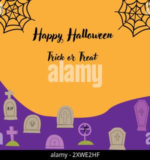 Grußkarte oder Einladung zu Halloween-Feiertagen für Kinder. Quadratische Schablone. Happy Halloween-Feier-Design mit Grab und Spinnennetz. Trick or Treat Stock Vektor