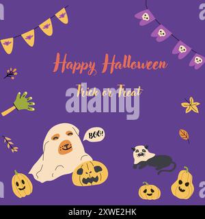 Niedliches Halloween-Geister-Party-Einladungskartendesign. Lustige gruselige Charaktere in Kostümen. Kindliche Grußkarte für Halloween-Feiertage mit Süßigkeiten A Stock Vektor