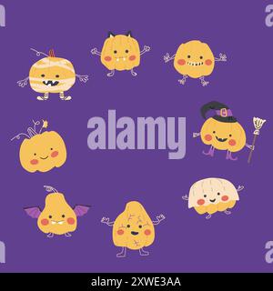 Halloween süßer Rahmen oder Rahmen mit lustigen Charakteren, Pumkins in halloween Kostümen kindliches Design. Stock Vektor
