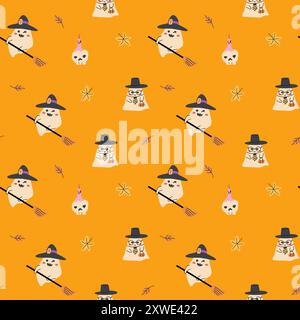 halloween-Muster für Kinder mit niedlichem Charakter. Geist im halloween-Kostüm, Schädel und Zaubertopf. Niedliches kindliches nahtloses Muster. Stock Vektor