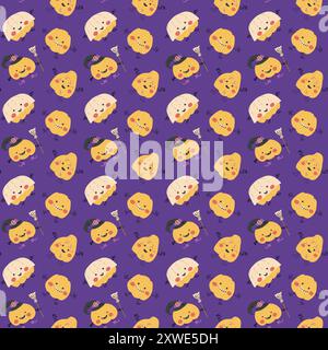 halloween-Muster für Kinder mit niedlichen Charakteren. Pumkins in halloween-Kostümen. Niedliches kindliches nahtloses Muster. Stock Vektor