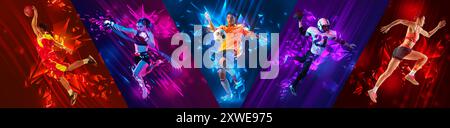 Collage aus dynamischen Fotos von Athleten in Aktion, die jeweils von leuchtenden Lichtsplittern umgeben sind, die zu ihrem Sport passen. Stockfoto