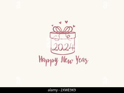 Happy New Year 2024 Geschenkbox Konzept, Logo Happy Newyear Feminim Line Pink, Grußkarte 2024. Editierbare Datei Stock Vektor