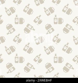 Bierflasche und Bierbecher nahtloser Vektormuster Hintergrund. Handgezeichnete Flaschen mit alkoholischen Getränken und Schaumgläsern im Hintergrund. Neutraler Retro-Style Stock Vektor