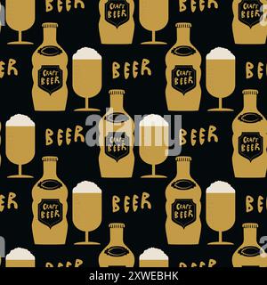 Bierflasche, Gläser und das Wort Bier nahtlose Vektormuster Hintergrund. Handgezeichnete alkoholische Getränkeflaschen, Schaum-Bierbecher und Text-Hintergrund Stock Vektor