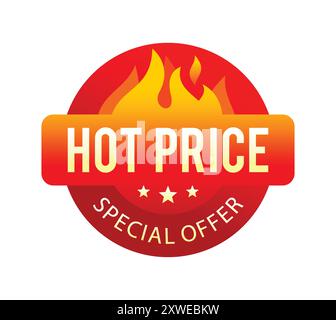 Hot-Price-Label-Design mit rotem Kreis und Feuer-Flammen. Für Symbol, Logo, Aufkleber, Siegel, Abzeichen, Emblem, Stempel usw. Vektor Stock Vektor