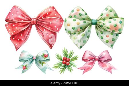 Aquarell Weihnachten Girly Coquette Bogen Set Vektor Illustration - auf weißem Hintergrund Stock Vektor