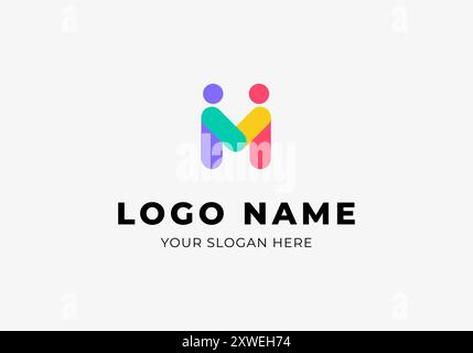 Logo M Handshake Two People, Human und Letter M, modernes minimalistisches und farbenfrohes Logo-Design. Editierbare Datei Stock Vektor