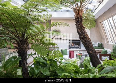 Palmenhaus in luxuriösem, modernem britischen Haus. London, Großbritannien Stockfoto