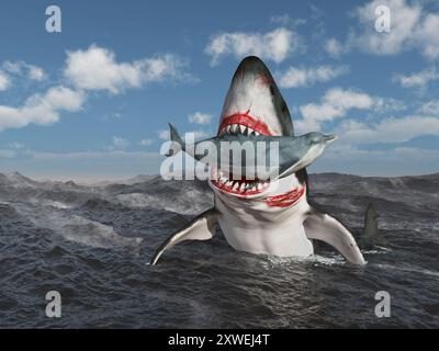 Ein großer weißer Hai springt aus dem stürmischen Meer mit seiner Beute im Mund Stockfoto