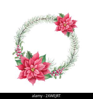 Weihnachten Aquarellkranz mit Weihnachtsstern, Tannenzweigen, Beeren. Handgezeichneter Winterblumenrahmen für Grußkarte und Einladung. Stockfoto