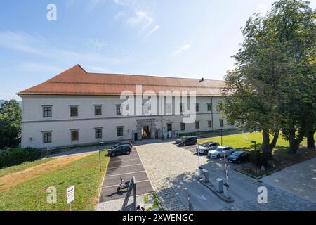 Linz, Österreich. August 2024. Panoramablick auf das Schloss auf dem Hügel im Stadtzentrum Stockfoto