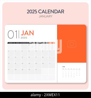 Kalender Januar 2025 Vorlagenvektor. Schreibtisch, Wandkalender zum Drucken, digitaler Kalender oder Planer. Woche beginnt am Montag. Jahreskalender-Layout-Design Stock Vektor