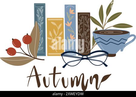 Gemütliche herbstliche Vektorillustration mit Büchern, einer Teetasse, Brille und Blättern mit warmen Erdtönen. Ideal für saisonale Designs, Herbst Stock Vektor