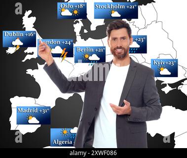 Wettersender, der die Prognose mit der Karte von Europa abgleicht Stockfoto