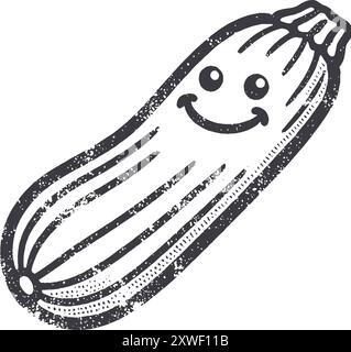 Grunge-Stil Zucchini lächelnder Gemüsecharakter mit Textur, raue handgezeichnet mit genarbtem Print-Effekt. Stock Vektor