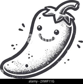 Grunge-Style Pfeffer lächelnder Gemüsecharakter mit Textur, raue handgezeichnet mit genarbtem Print-Effekt. Stock Vektor