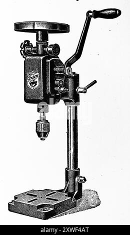 Eine Tischbohrmaschine Ixion (Deutschland) mit automatischem Vorschub. Diese Fotografie stammt von einer großen Auswahl von größtenteils nicht zugeschriebenen technischen Illustrationen und Fotos, die ursprünglich 1936 veröffentlicht wurden. Größe und Qualität der Originale sind sehr unterschiedlich. Stockfoto