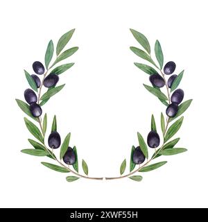 Aquarellkranz mit schwarzen Olivenbeeren und Blättern. Handgezeichnete botanische Illustration isoliert auf weißem Hintergrund. Kann für Karten und Logos verwendet werden Stockfoto
