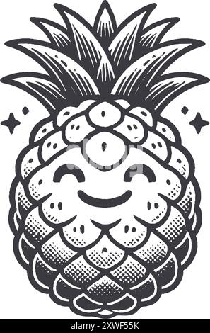 Grunge-Stil Ananas lächelnde Frucht-Charakter mit Textur, raue handgezeichnet mit genarbtem Print-Effekt. Stock Vektor