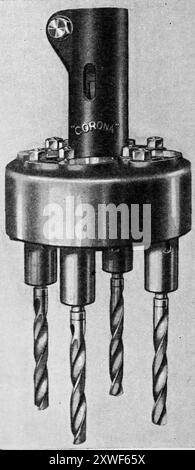 Der Corona-Kopf (Fred Pollard, Leicester, England) mit vier Bohrern. Diese Fotografie stammt von einer großen Auswahl von größtenteils nicht zugeschriebenen technischen Illustrationen und Fotos, die ursprünglich 1936 veröffentlicht wurden. Größe und Qualität der Originale sind sehr unterschiedlich. Stockfoto