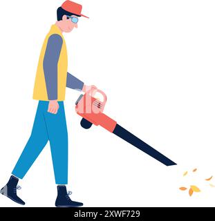 Mann, der Blätter vom Boden reinigt. Gartenarbeiter im Herbst Stock Vektor