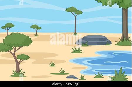 Trockenlandschaft mit Zeichentrickfilmen. Cartoon Savannenlandschaft Hintergrund Stock Vektor