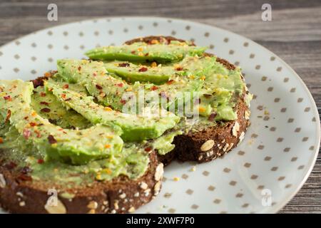 Eine Nahaufnahme eines Tellers Avocado Toast. Stockfoto