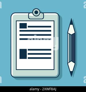 Ein massives Blatt und Notizblock und ein scharfer doppelseitiger blauer Bleistift. Schulfächer. Flache Abbildung. Stock Vektor