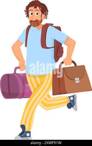 Mann, der mit Reisetaschen läuft. Begeisterte Cartoon-Reisende Stock Vektor