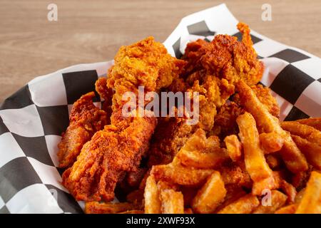 Blick auf einen Korb mit Nashville Hühnerstreifen. Stockfoto