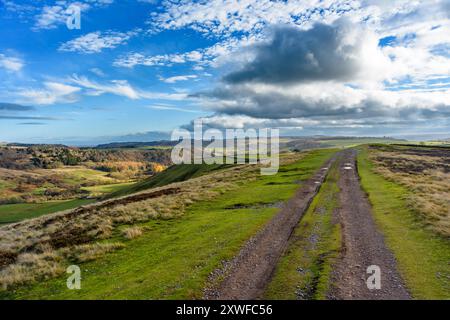 Eine unbefestigte Straße zieht sich durch üppige grüne Hügel, umgeben von Herbstlaub und Wolken in einer ruhigen ländlichen Landschaft. Stockfoto