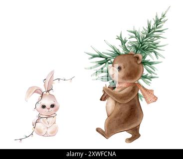 Aquarellillustration Set von niedlichen Weihnachtswaldtieren: Bär und Hase. Zeichnung von Häschen und Teddy mit Tannenbaum in pastellwarmen und beigen Farben Stockfoto